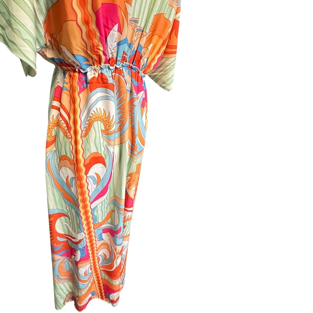 SHEIN Women's S Green Orange Abstract Print Kimono Sleeve Drawstring Maxi Dress - Picture 10 of 16